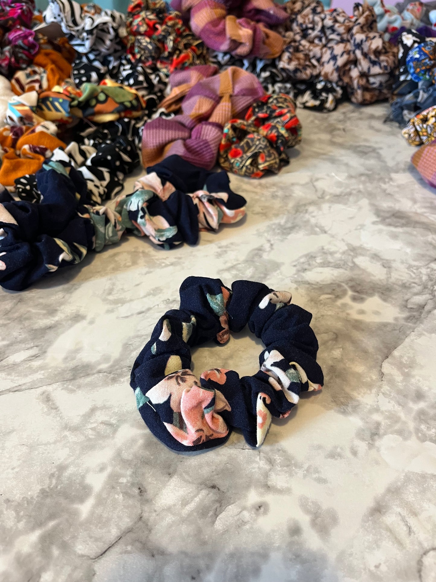 Blue with Pink and White Flowers Standard Scrunchie