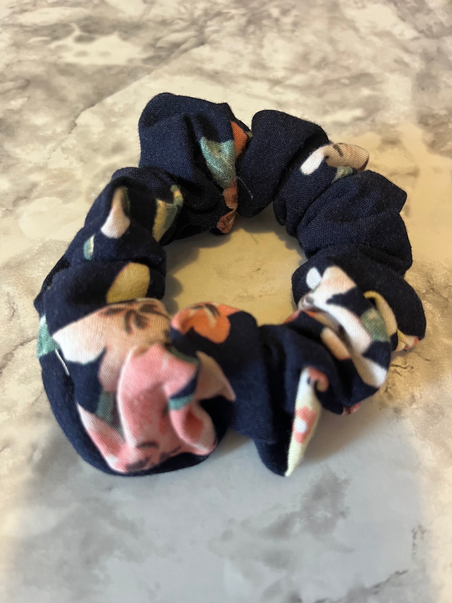 Blue with Pink and White Flowers Standard Scrunchie