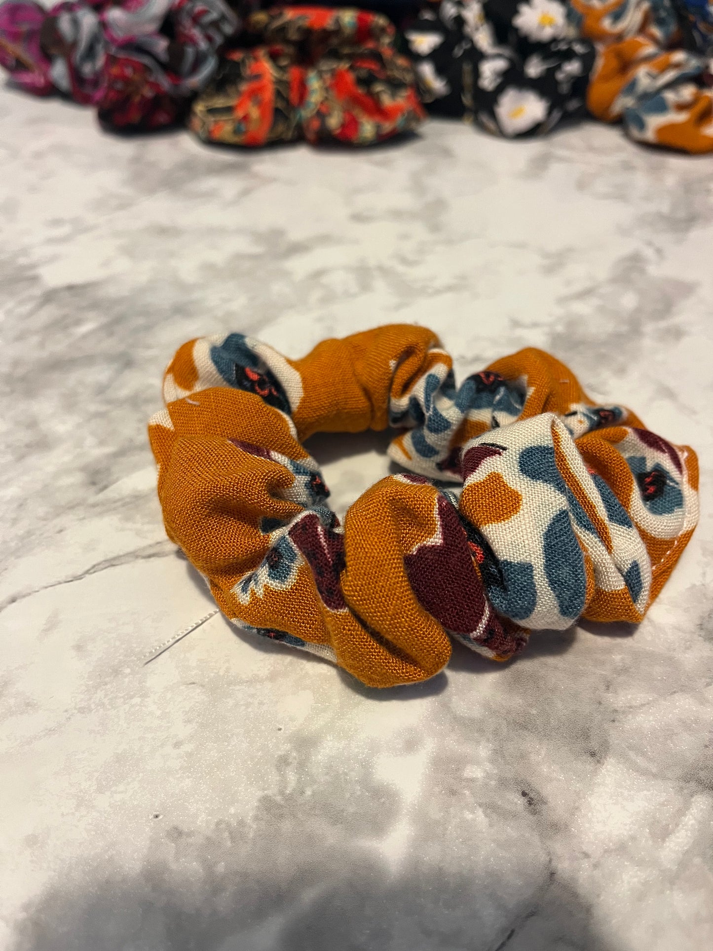 Mustard Blue Floral Standard Scrunchie