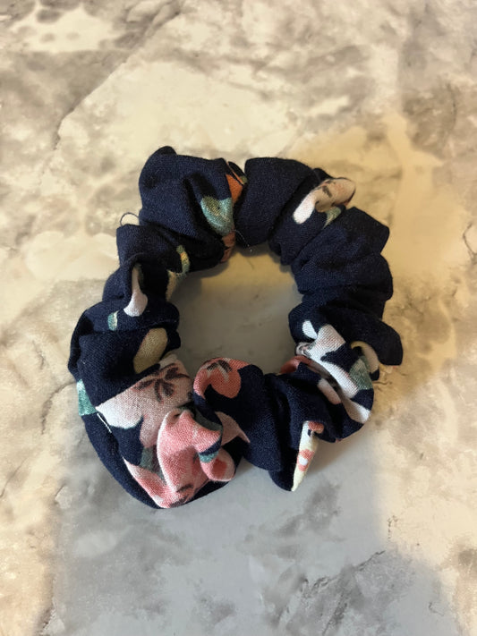 Blue with Pink and White Flowers Standard Scrunchie